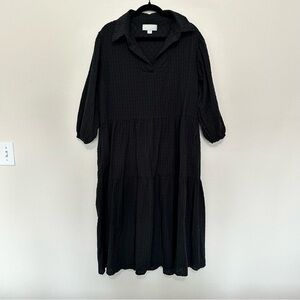 House of woo textured Collared Tiered Tunic Dress black womens size S oversized